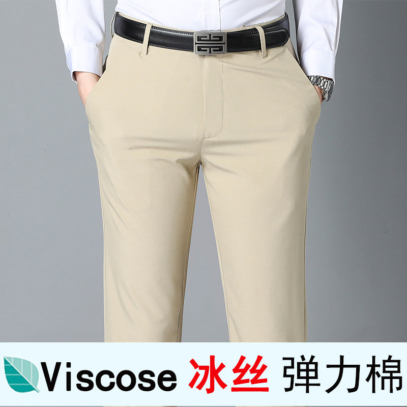 Summer Thin Men's Casual Pants Ice Silk Elastic High Waist Loose Business Casual Dad Trousers Straight Pants for Men