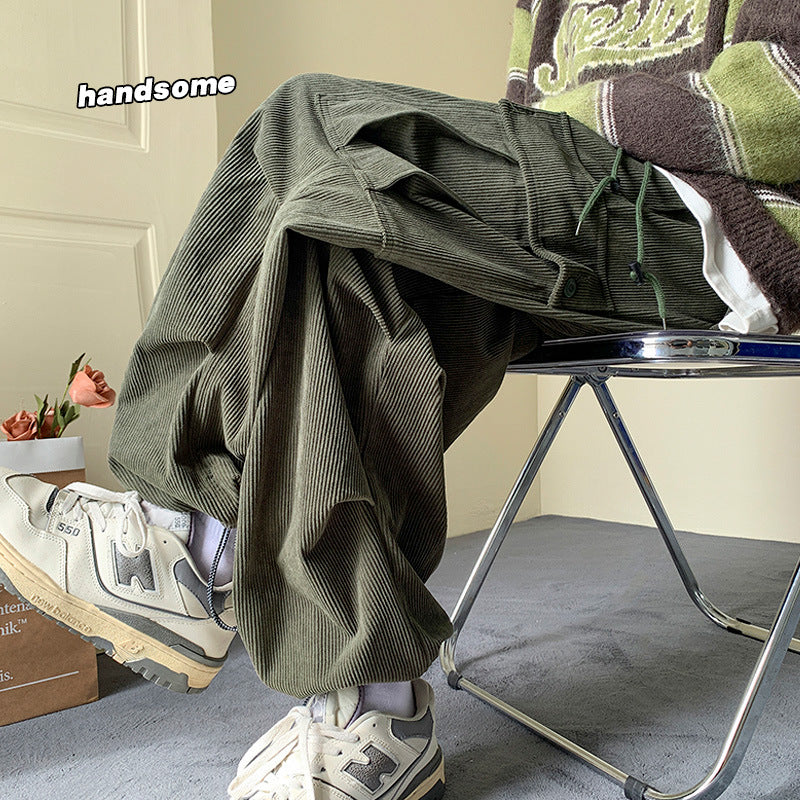 Corduroy Pants Men's Trendy Brand American Style Retro Large Pocket Toe Pants Spring and Autumn Drawstring Loose Casual Pants