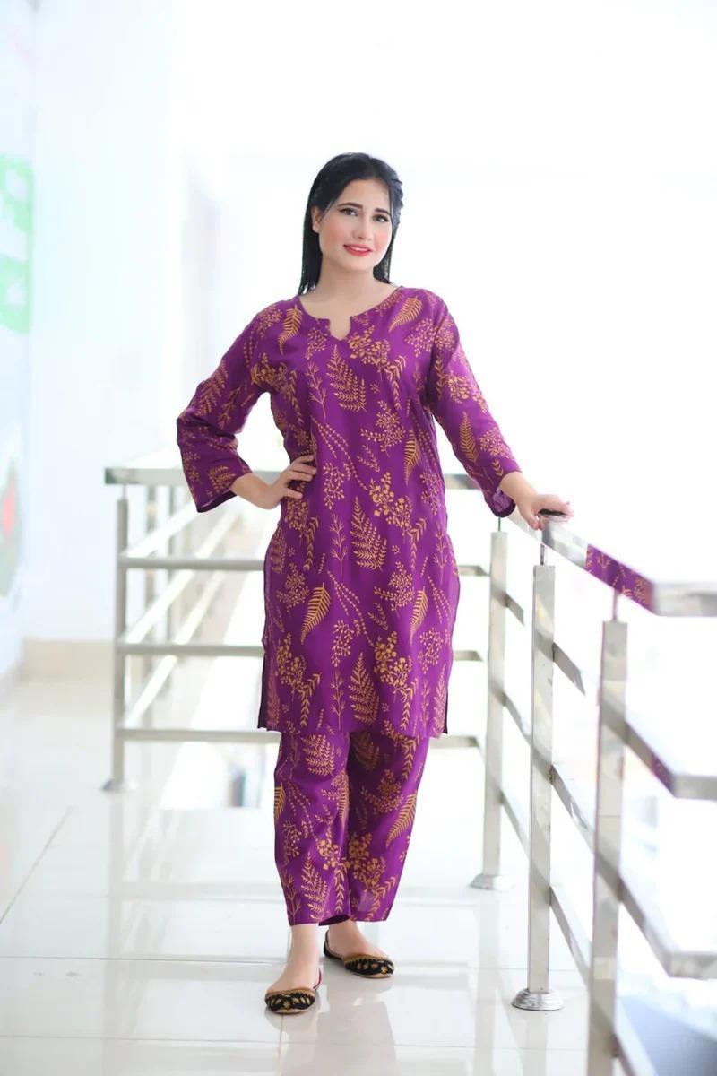 Women's Stitched Linen Printed Shirt and Trouser Set - 2 Pcs