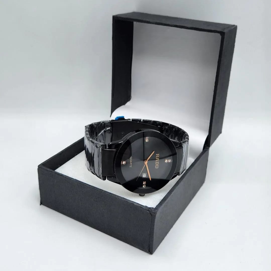 Men's / Women's Sleek Black Quartz Watch with Rose Gold Accents and Crystal Markers - Stainless Steel Back