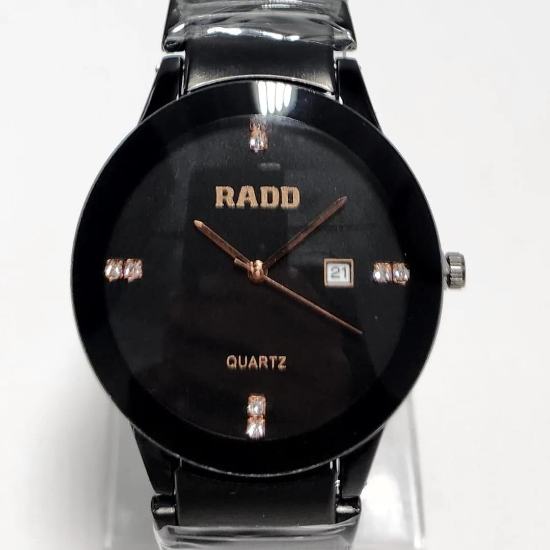 Men's / Women's Sleek Black Quartz Watch with Rose Gold Accents and Crystal Markers - Stainless Steel Back