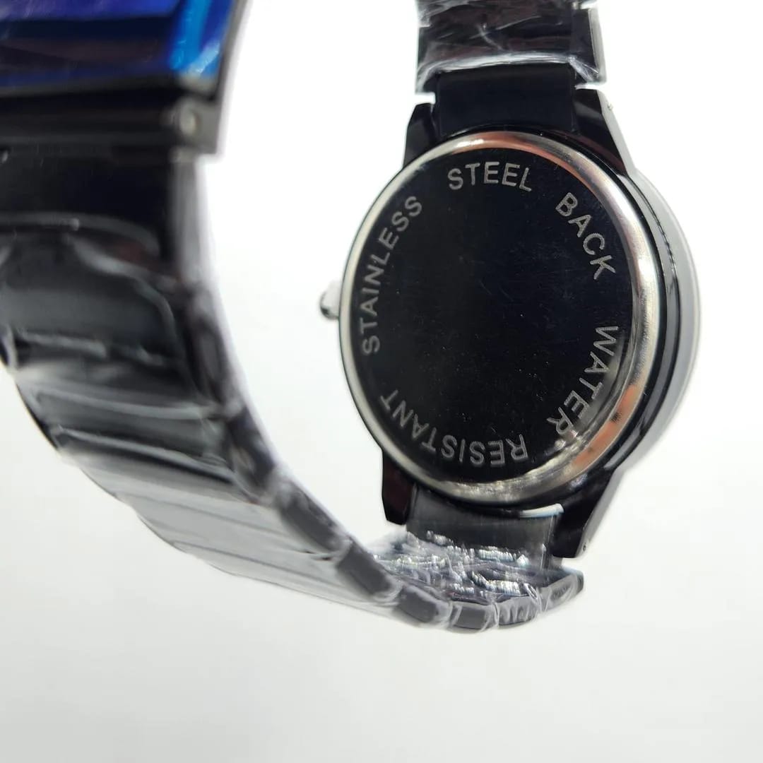 Men's / Women's Sleek Black Quartz Watch with Rose Gold Accents and Crystal Markers - Stainless Steel Back