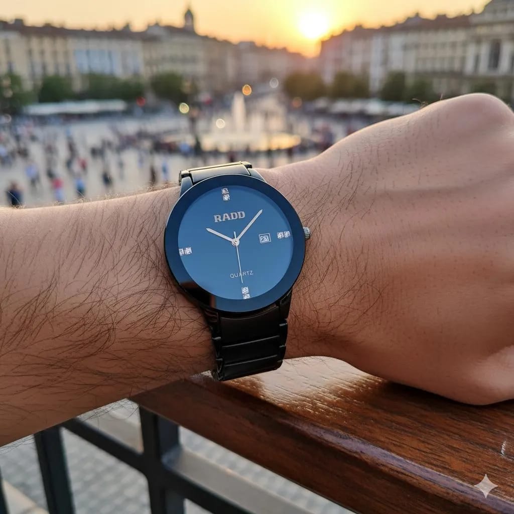 Men's / Women's Sleek Black Quartz Watch with Rose Gold Accents and Crystal Markers - Stainless Steel Back