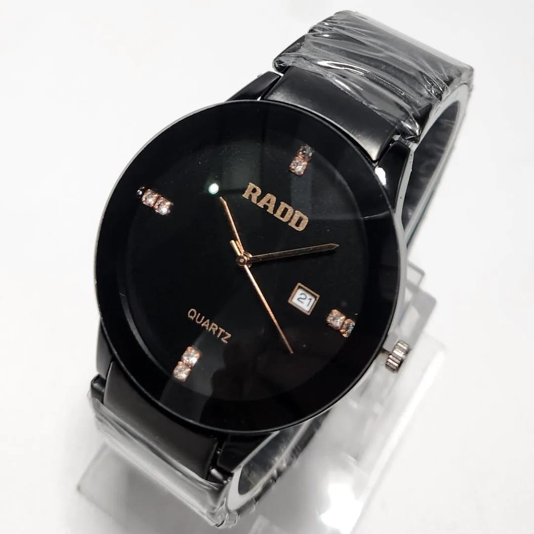 Men's / Women's Sleek Black Quartz Watch with Rose Gold Accents and Crystal Markers - Stainless Steel Back