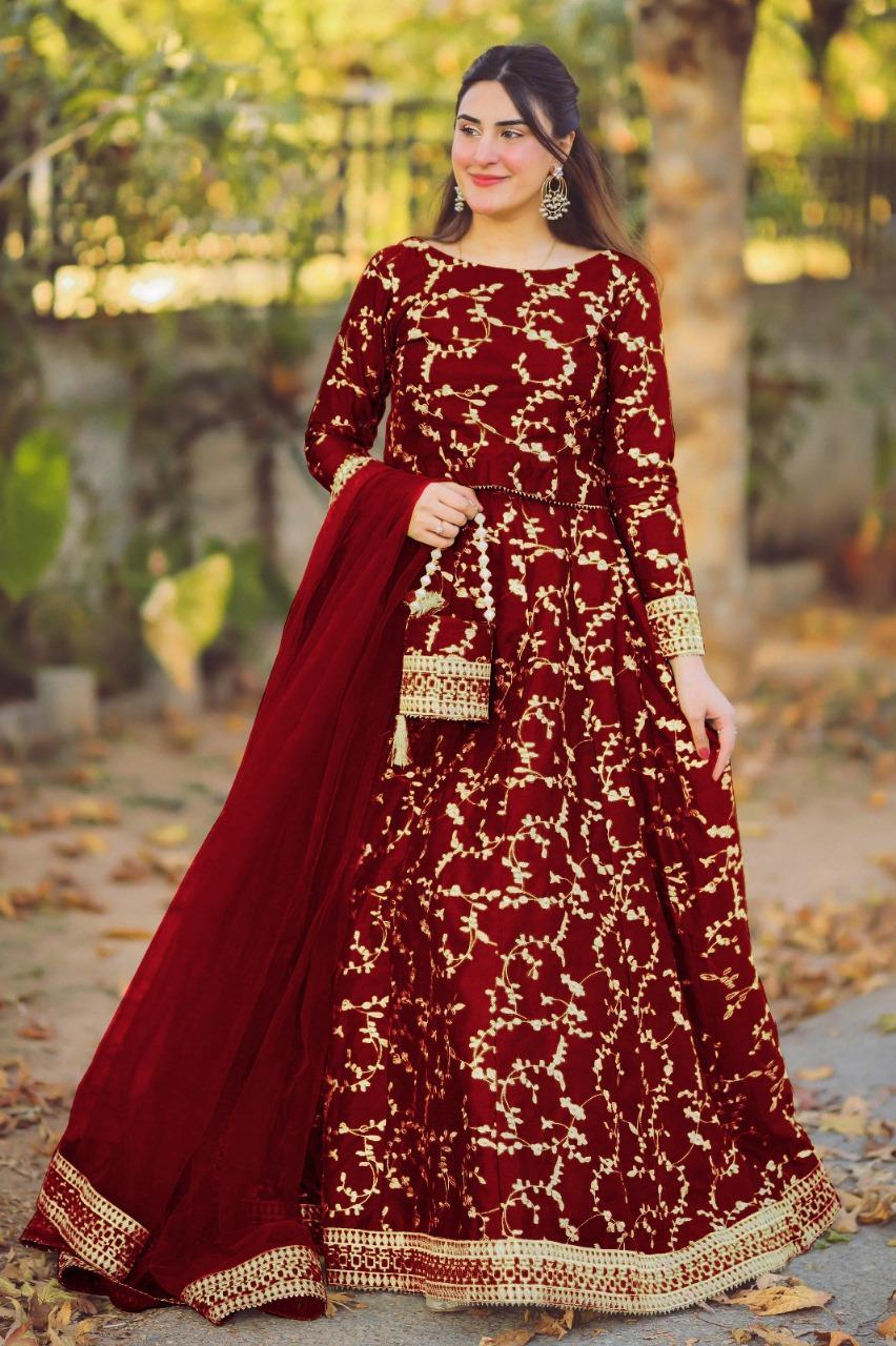 Stunning 4 Pcs Embroidered Katan Silk Lehenga Set in Maroon