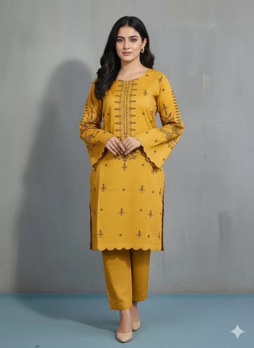 Mustard Linen Embroidered Suit Set - 3 Pcs with Chiffon Dupatta