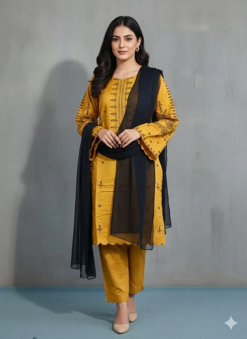 Mustard Linen Embroidered Suit Set - 3 Pcs with Chiffon Dupatta