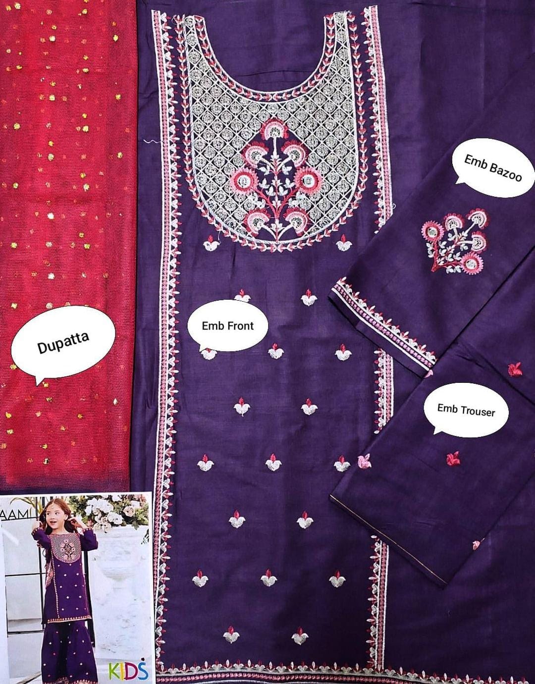 3 Pcs Girl's Lawn Embroidered Unstitched Suit