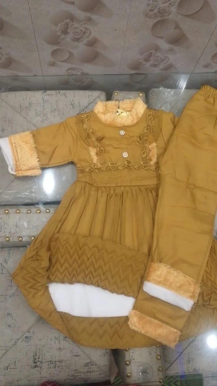 : 2 Pcs Girl's Fleece Plain Frock & Trouser Set – Winter Wear