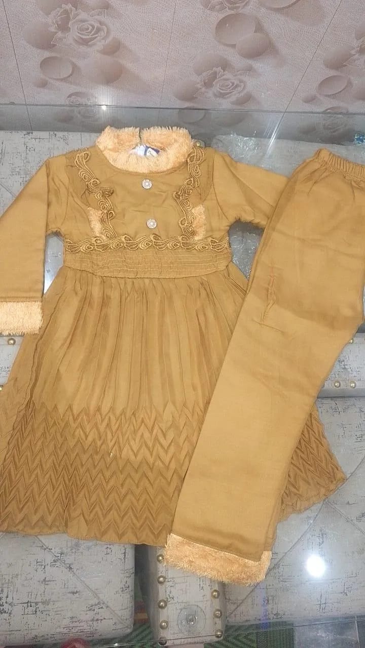 : 2 Pcs Girl's Fleece Plain Frock & Trouser Set – Winter Wear