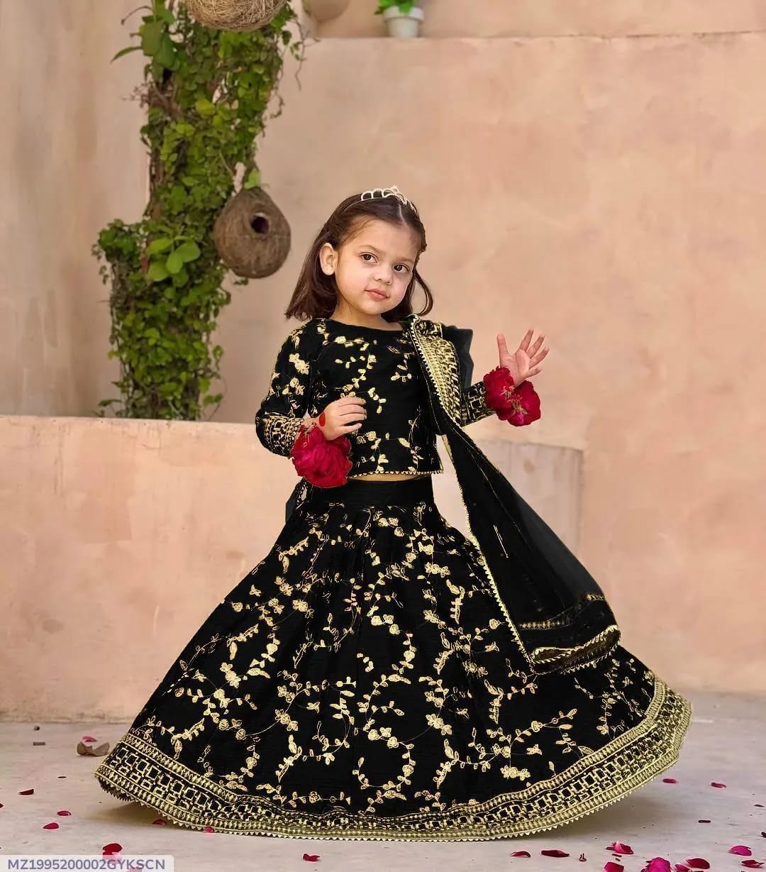 3 Pcs Girl's Shamoz Silk Embroidered Shirt And Skirt Set