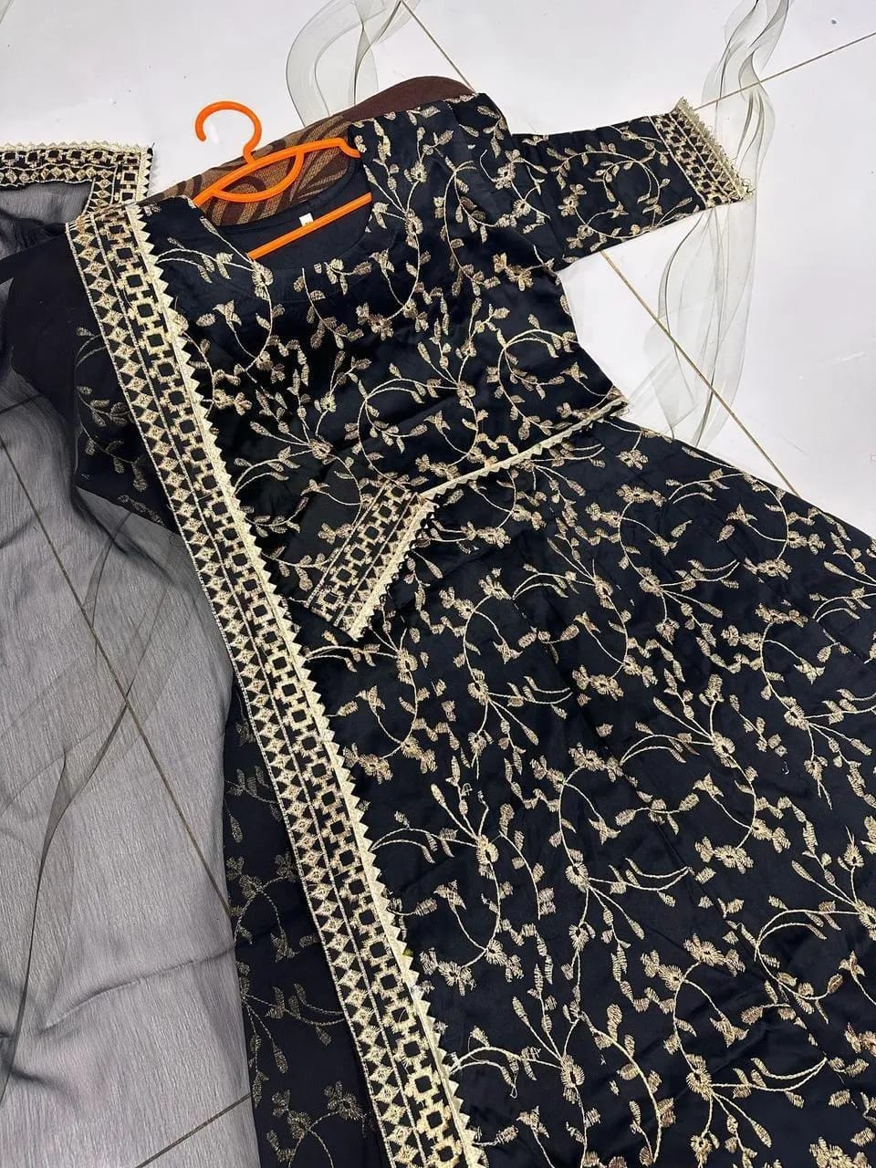 3 Pcs Girl's Shamoz Silk Embroidered Shirt And Skirt Set