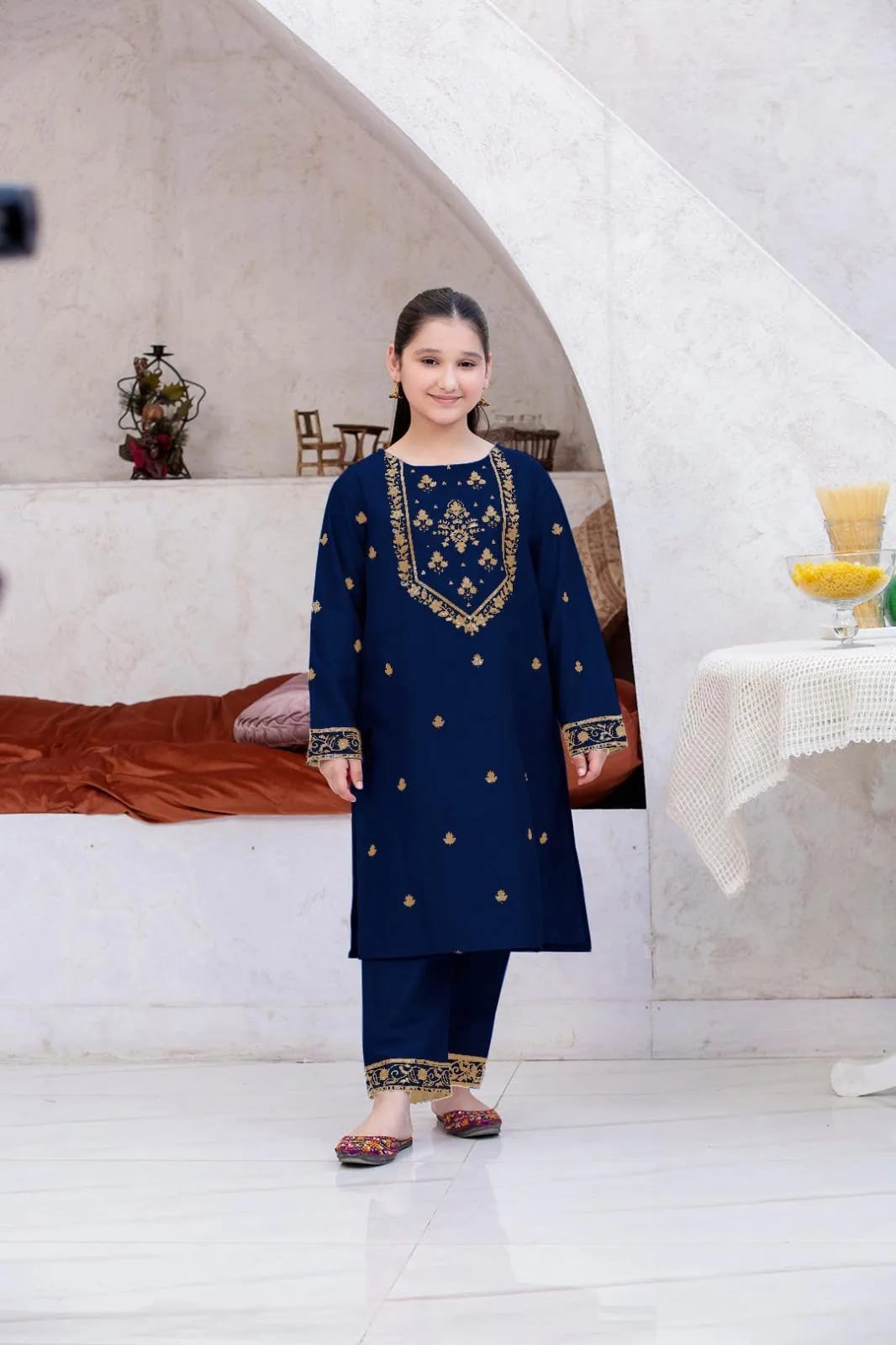2 Pcs Girl's Linen Embroidered Kurta And Shalwar Suit