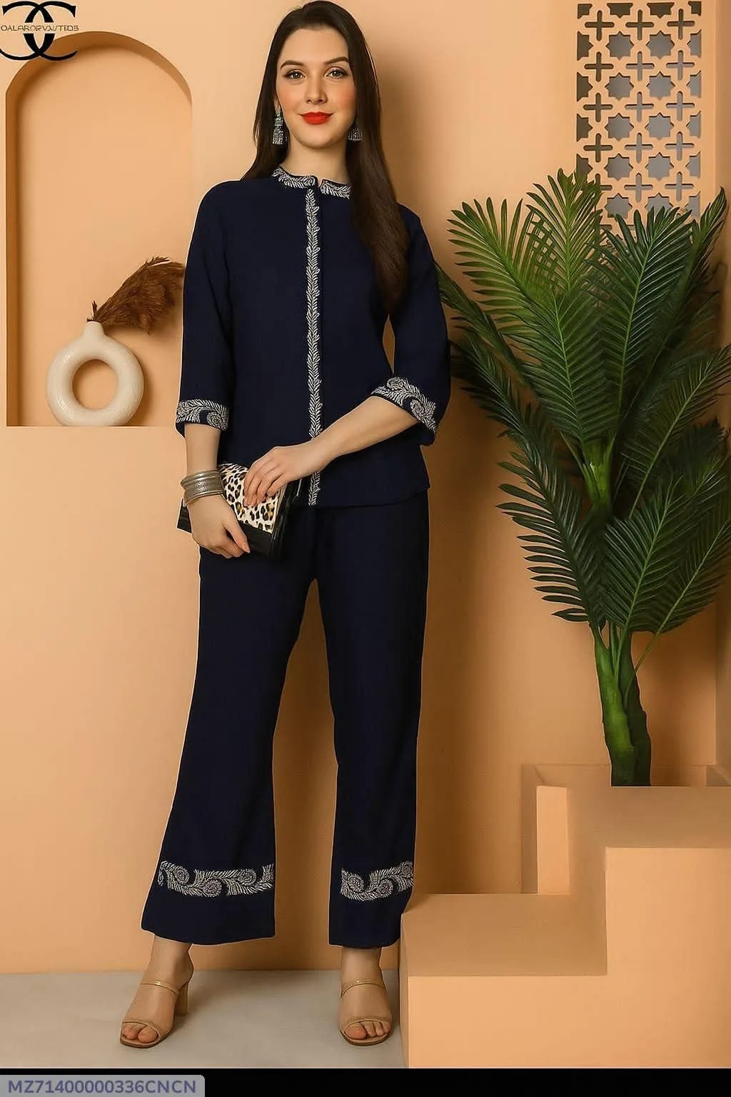 2 Pcs Women's Stitched Cotton Embroidered Shirt And Trouser