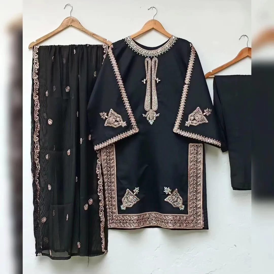 3 Pcs Women's Stitched Shamoz Silk Embroidered Suit