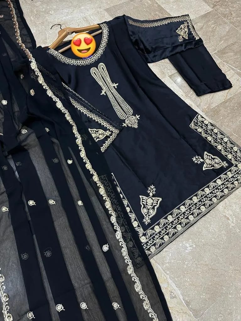 3 Pcs Women's Stitched Shamoz Silk Embroidered Suit