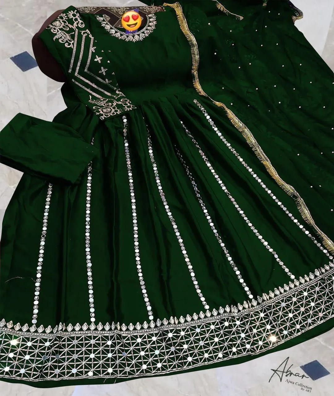 3 Pcs Women's Stitched Shamoz Silk Mirror Work Frock