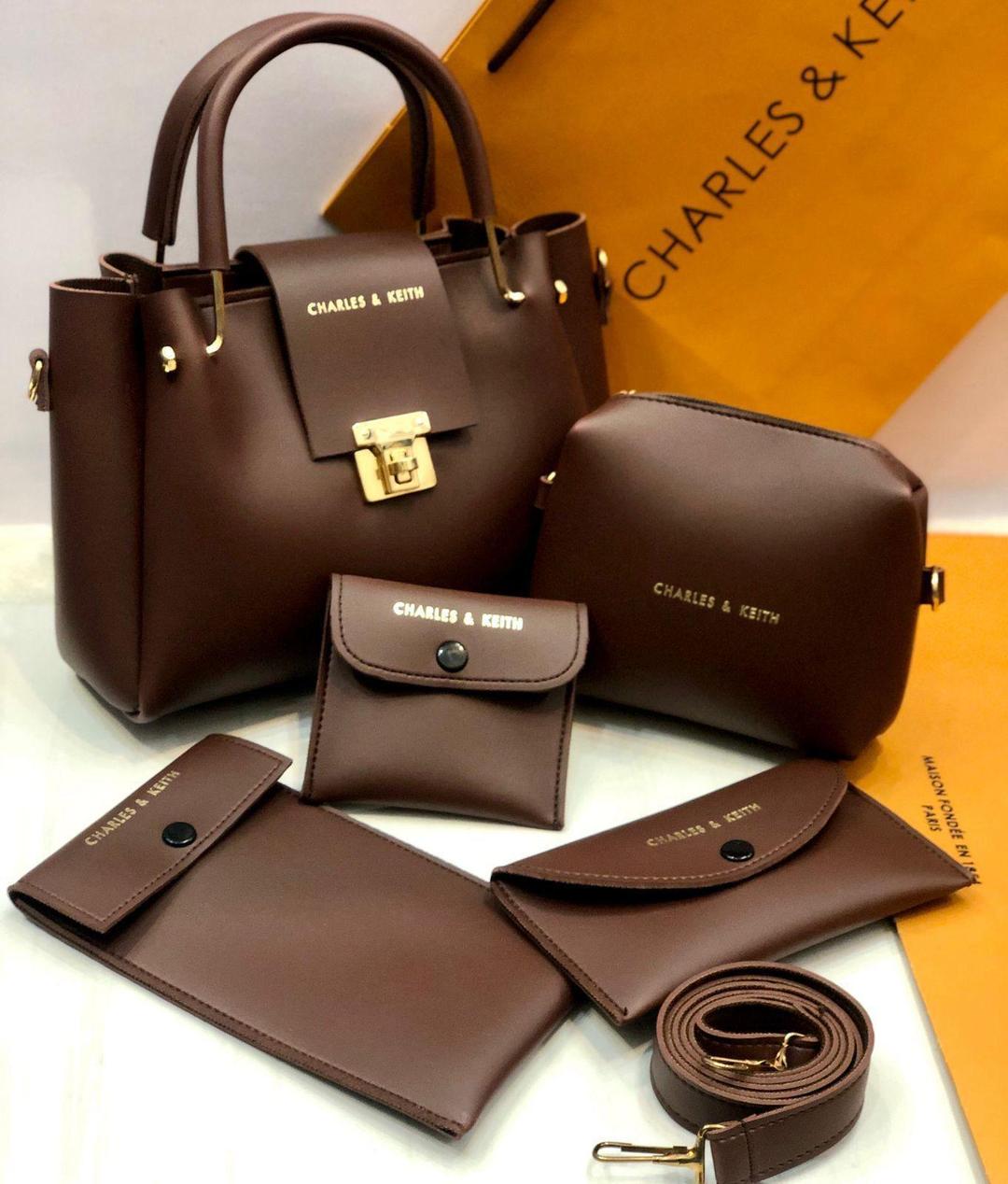 5 Pcs Women's PU Leather Plain Hand Bag Set