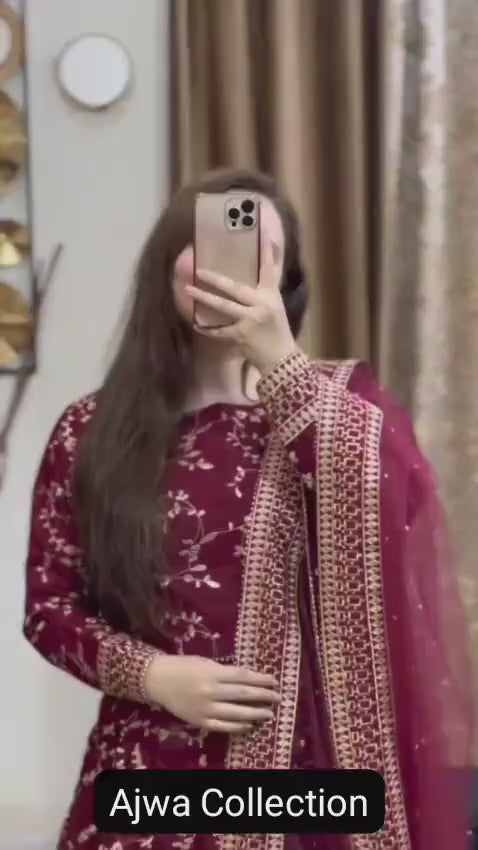 Stunning 4 Pcs Embroidered Katan Silk Lehenga Set in Maroon